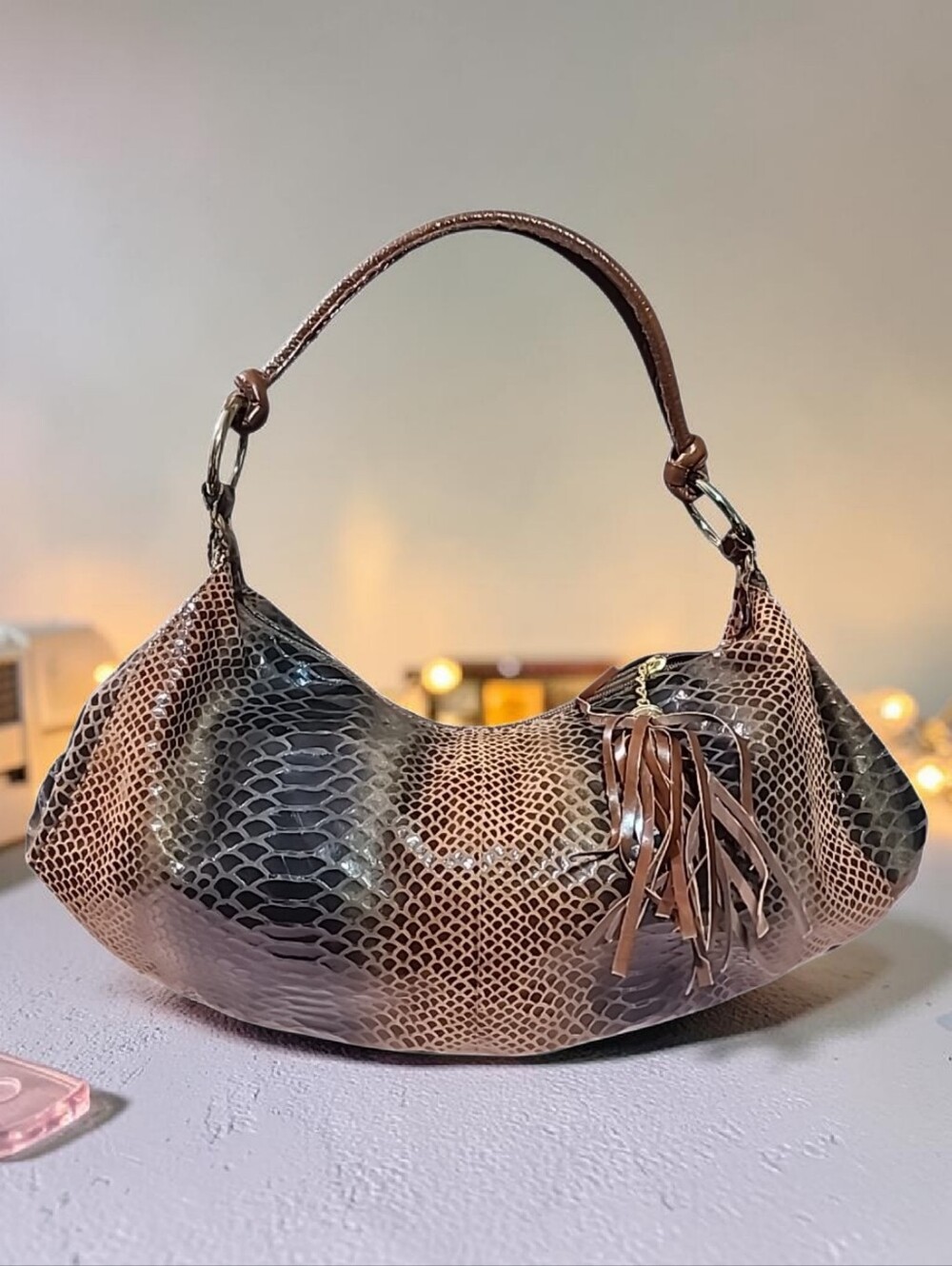 Y2K Miss Mak Designs Snakeskin Hobo Shoulder Bag Brown Boho Slouch Purse Tassel